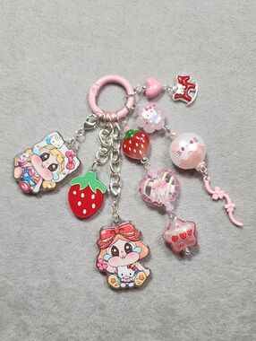 Pink Strawberry Charm Keychain with Crybaby Acrylic Pieces